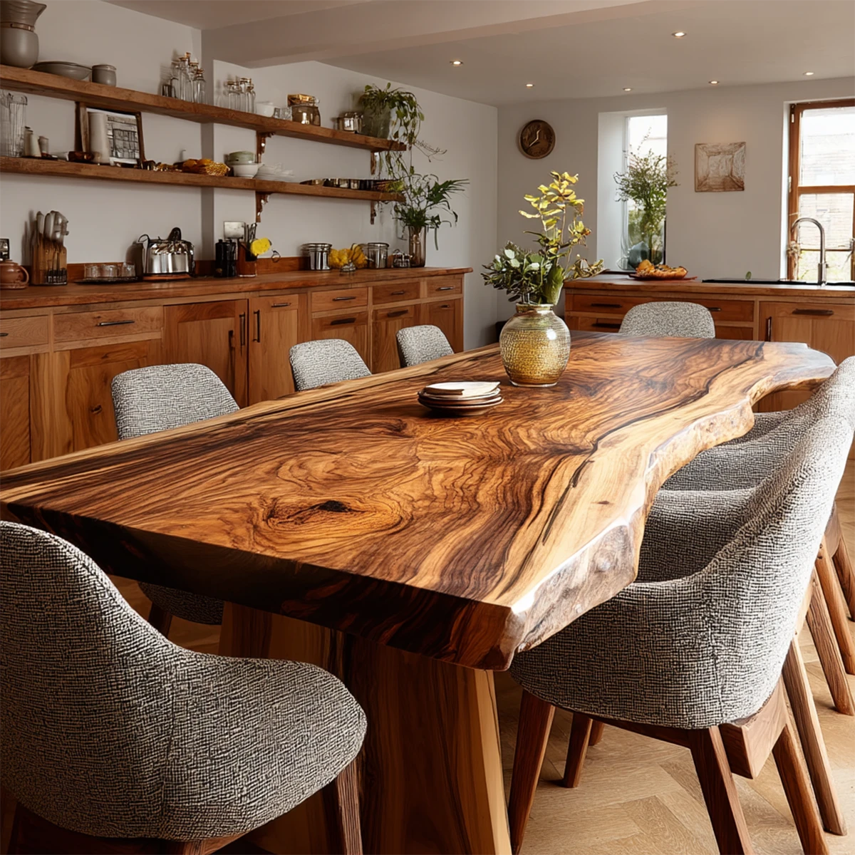 A handcrafted dining table with natural slab design placed in a bright and welcoming kitchen area