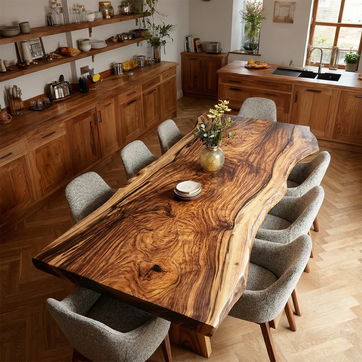 In this modern home, a wood dining table with flowing grain becomes the focal point of the space