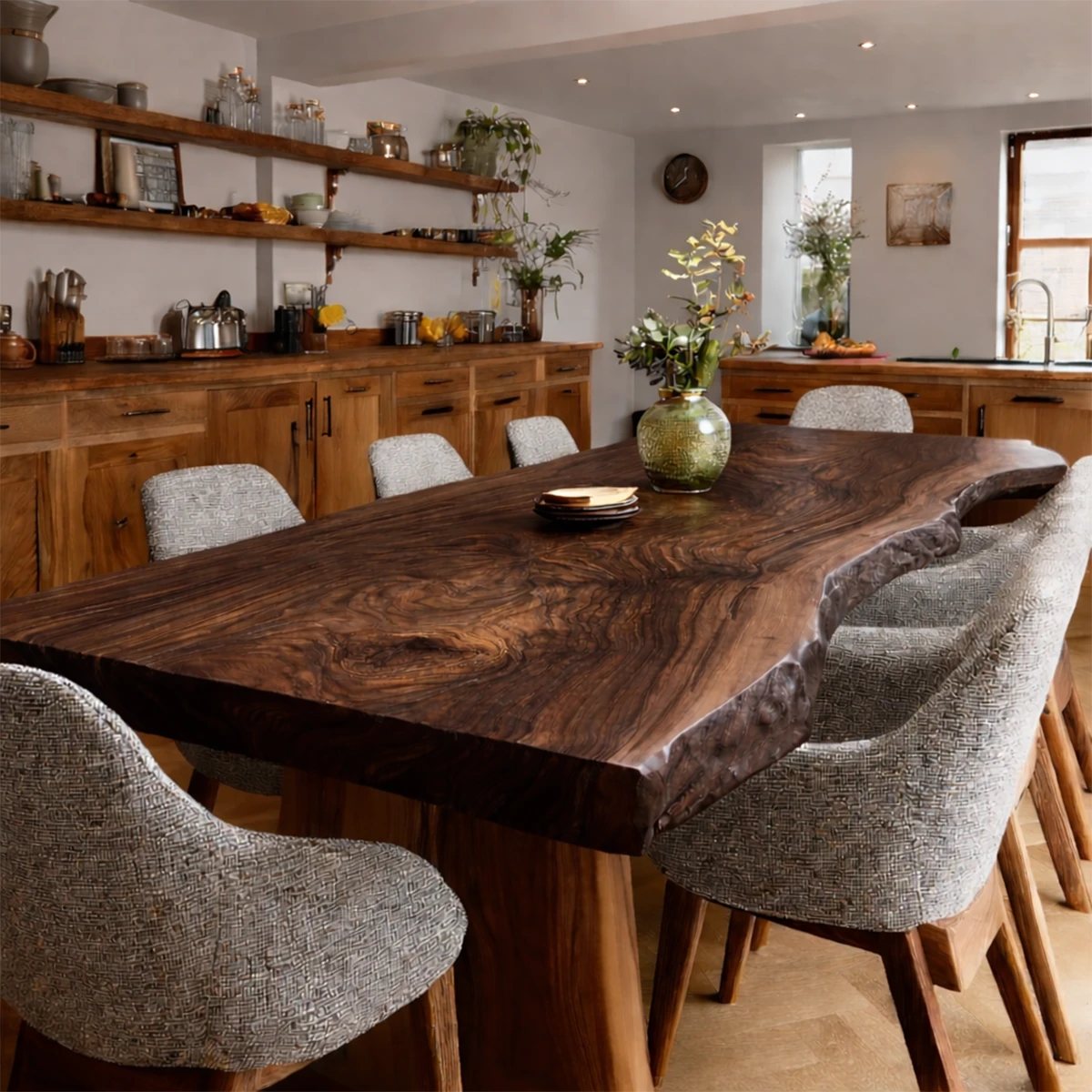 Natural textures define this kitchen, centered around a live edge wood dining table with sculptural base