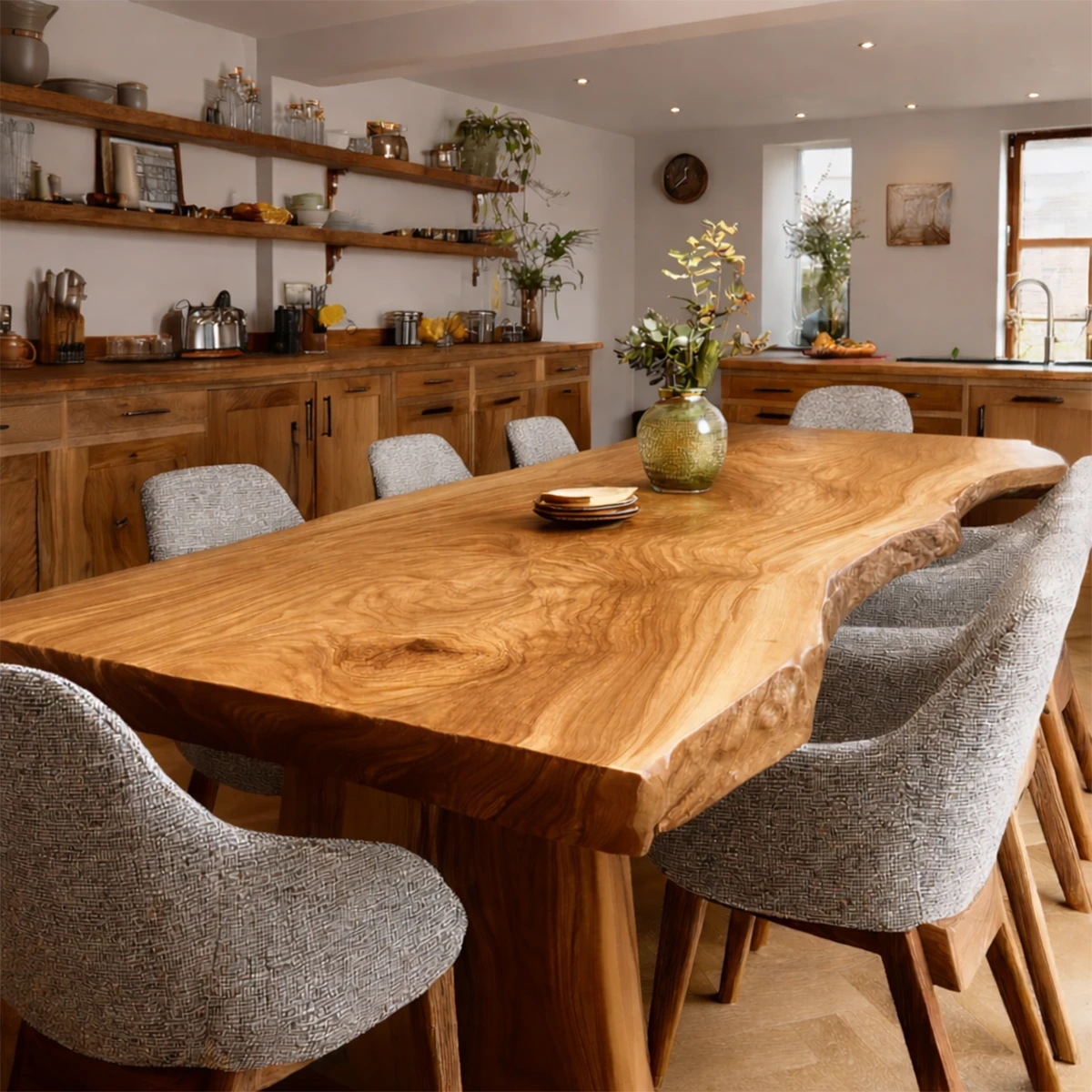 Set within a cozy interior, the dining table showcases solid wood construction and organic form