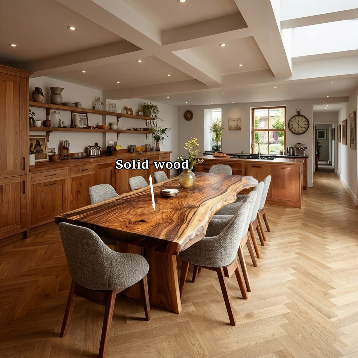 A spacious kitchen featuring a contemporary dining table with smooth wood finish and bold presence