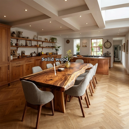A spacious kitchen featuring a contemporary dining table with smooth wood finish and bold presence