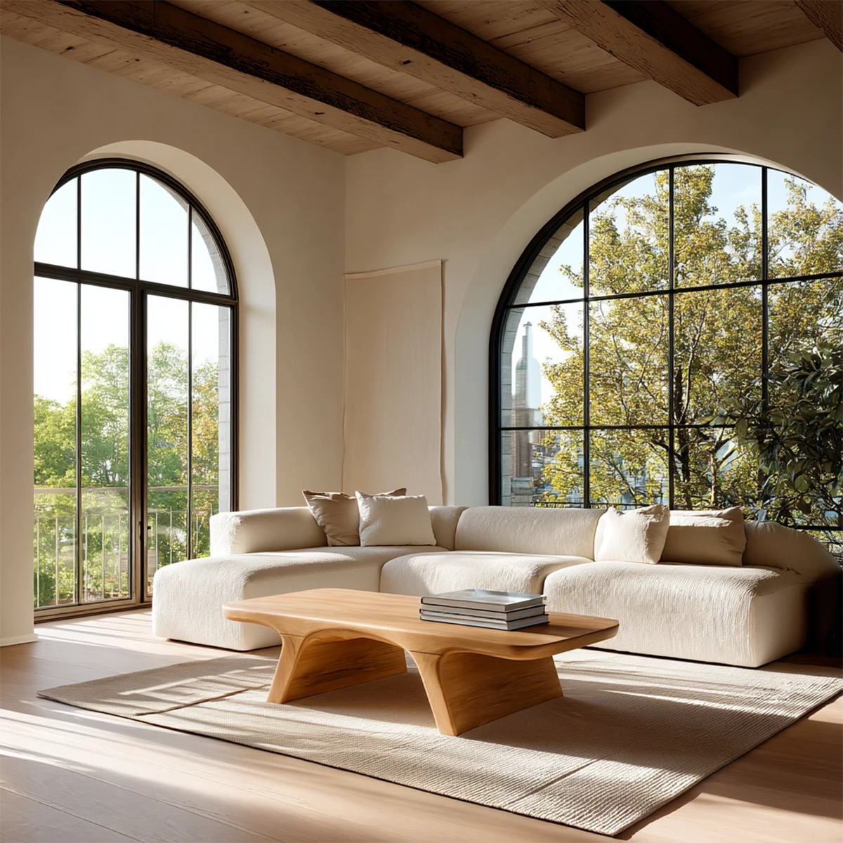 Modern low coffee table with curved base design for minimalist living room interiors