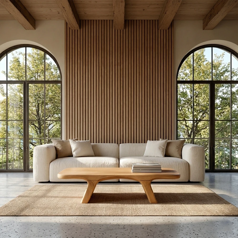 Modern living room with a beige sofa, wooden coffee table, and large windows.