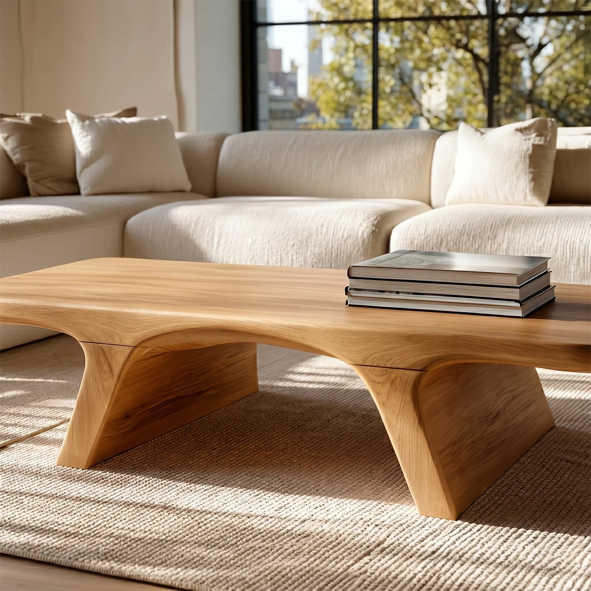 Minimalist coffee table with low height and clean lines for modern living room styling