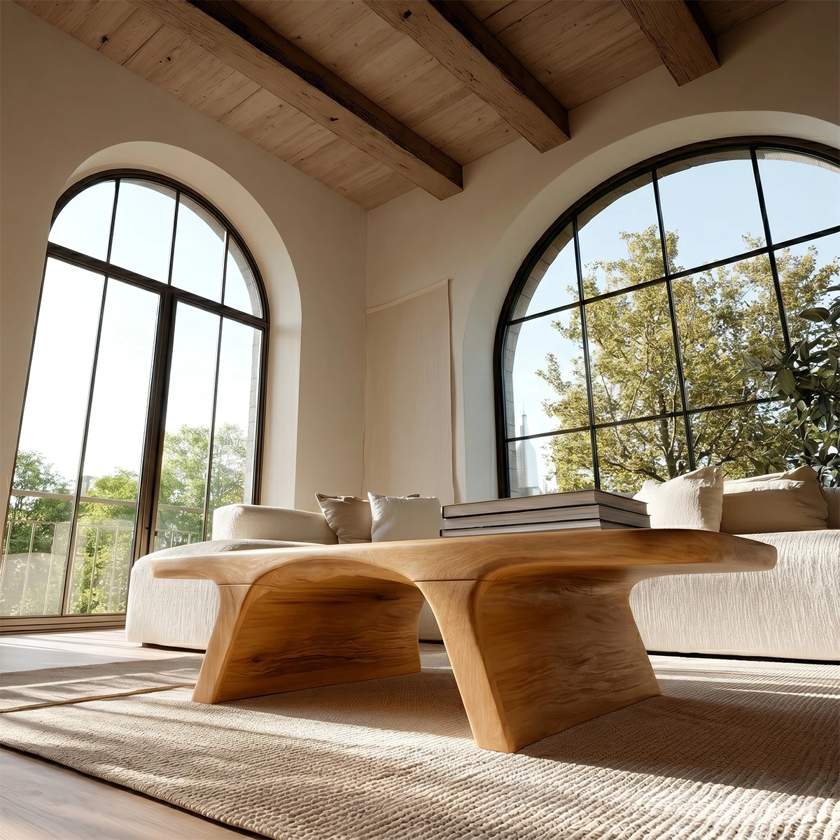 Contemporary coffee table with curved base and wide top for relaxed seating areas