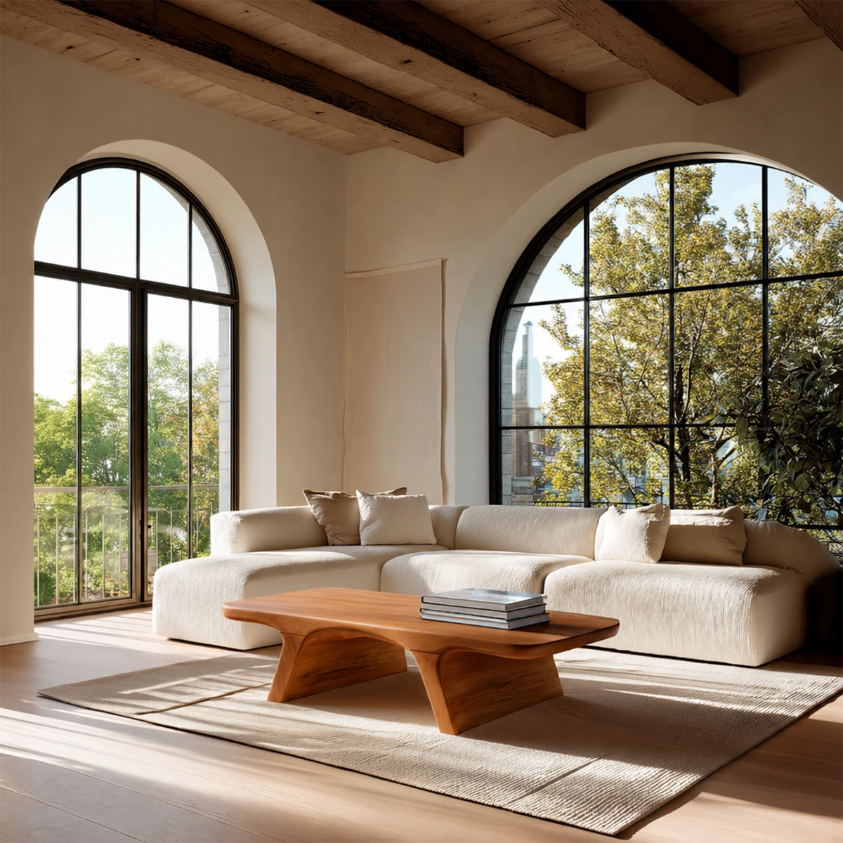 Living room coffee table with simple form and low profile for modern home comfort