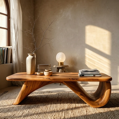 Wooden coffee table with decorative items in a room with natural light
