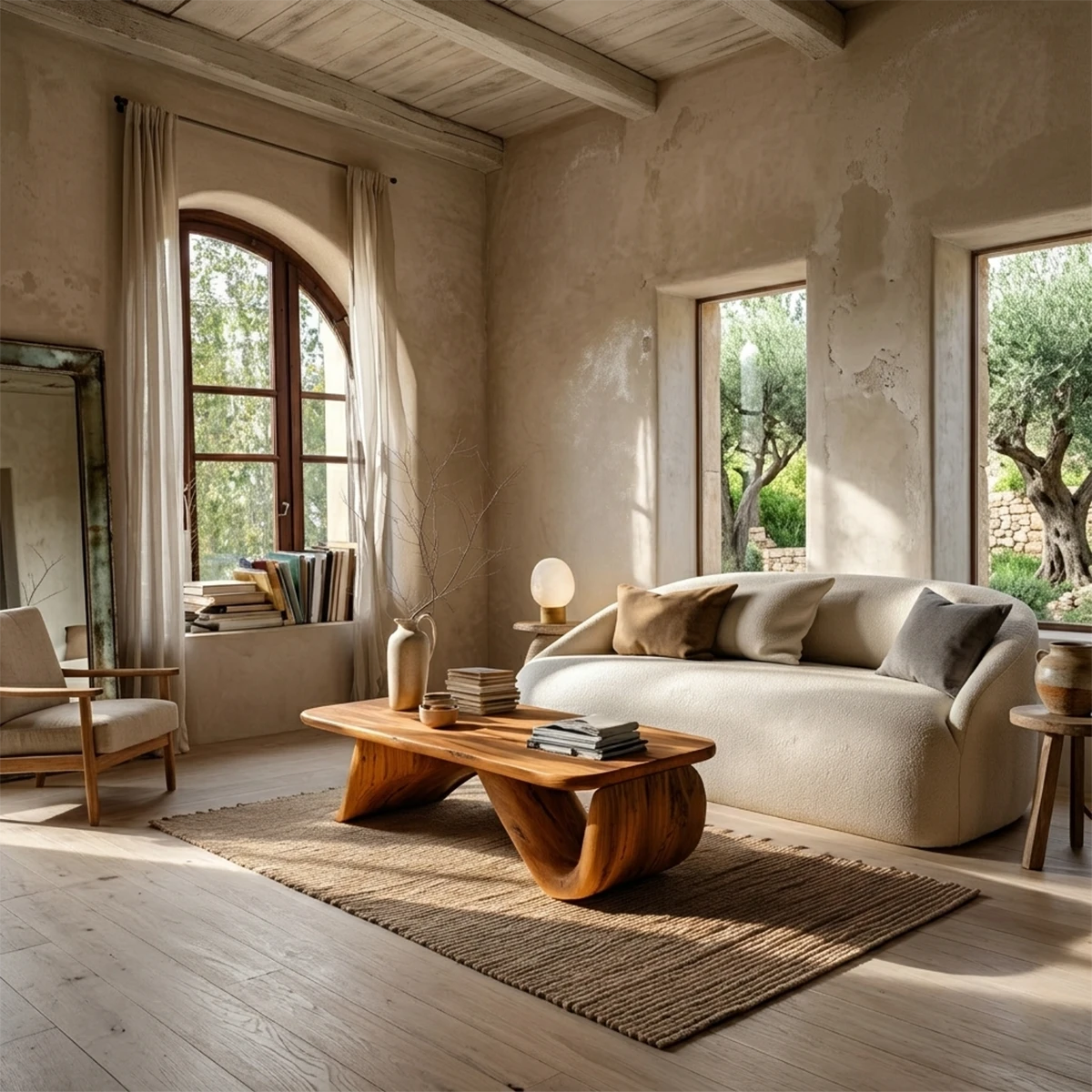 Modern coffee table with curved legs and natural wood texture in cozy contemporary interior