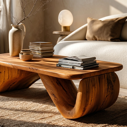 Organic shape coffee table with smooth natural wood surface for relaxed living room setting