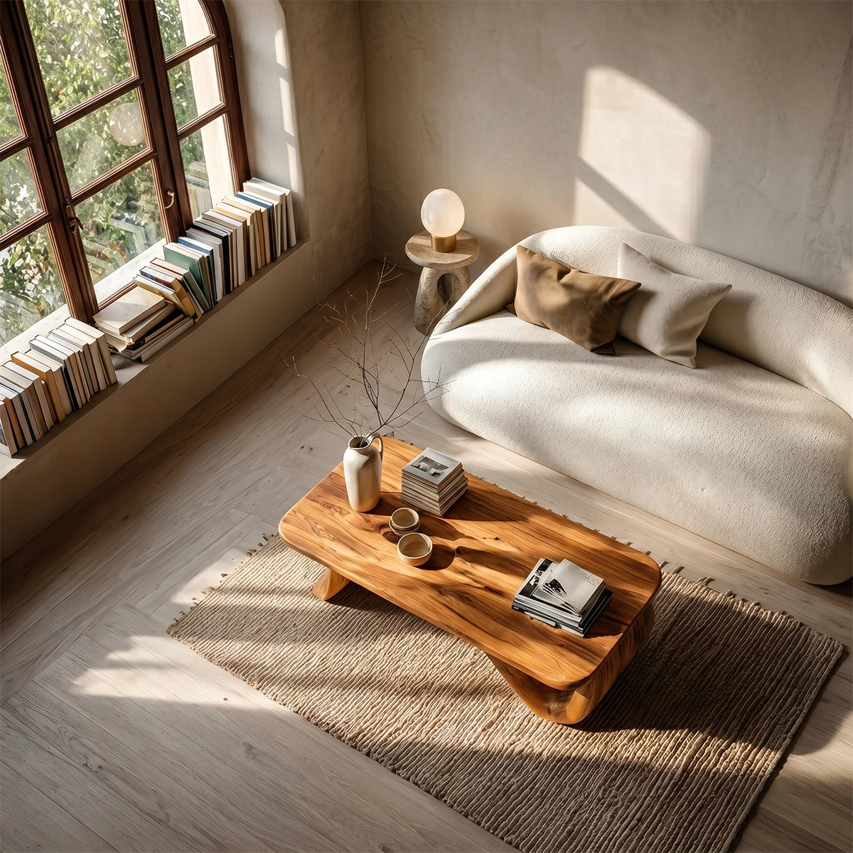 Minimalist coffee table featuring curved base design and natural wood look for modern homes