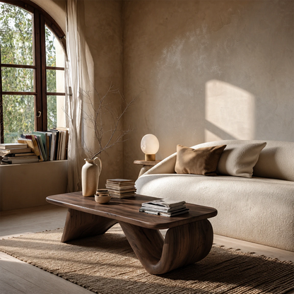 Contemporary low coffee table with soft edges and natural grain for inviting living spaces