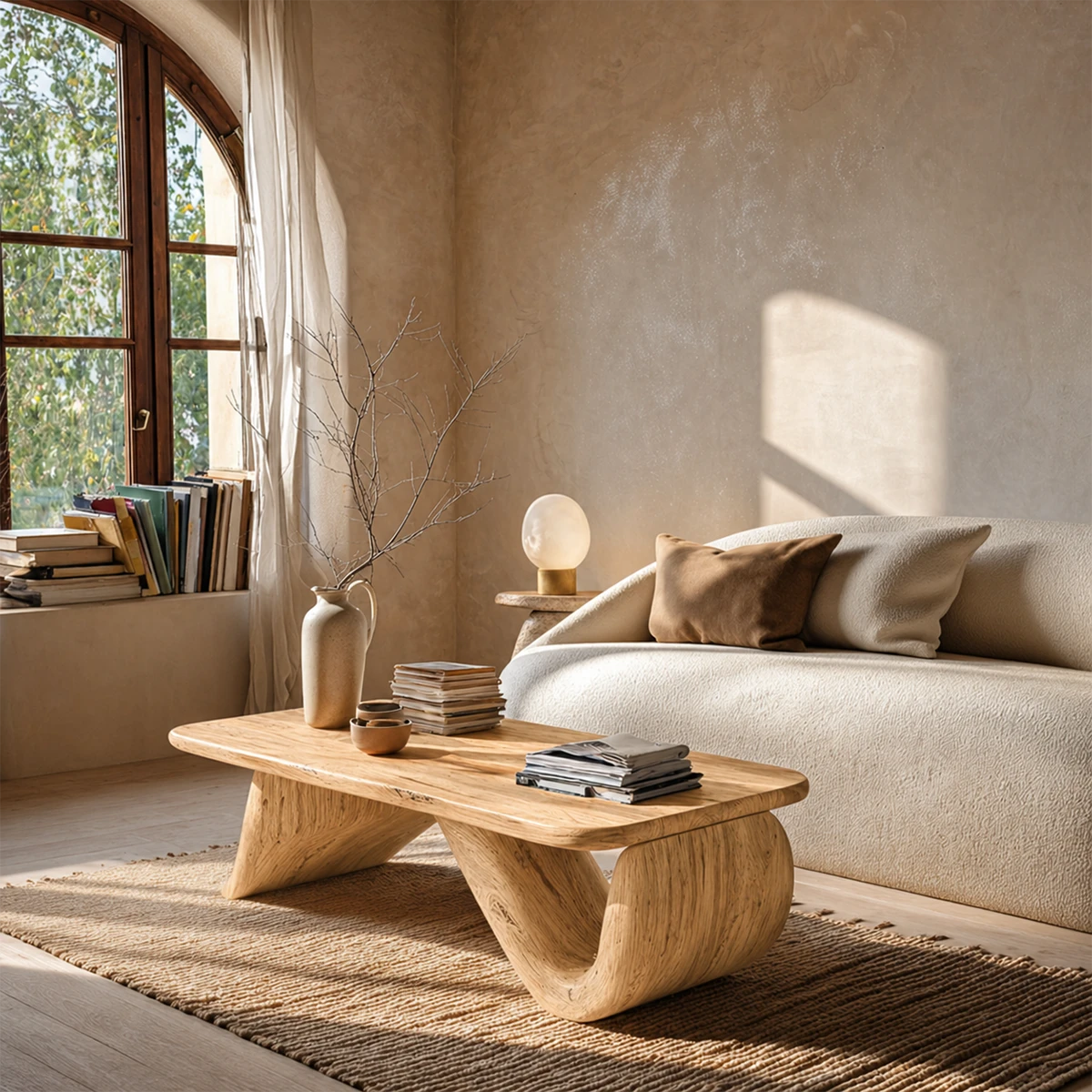 Sculpted coffee table with organic form and natural wood finish for calm modern interiors