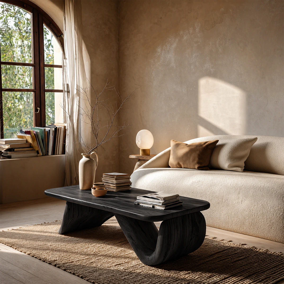 Stylish coffee table with curved support and natural wood surface for cozy home ambiance