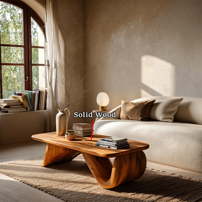 Natural wood coffee table with flowing shape designed for modern minimalist living room décor