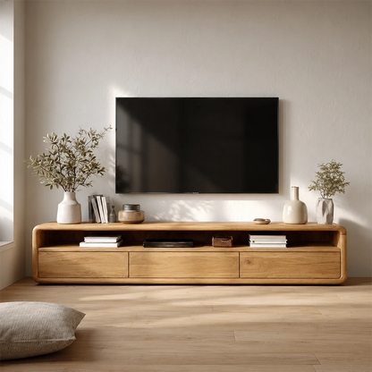 Wooden TV stand with decorative items against a neutral wall