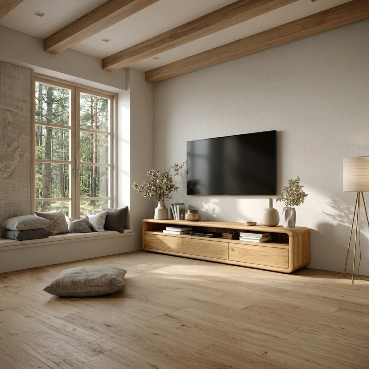 Modern media console with clean lines and natural wood look for contemporary interiors