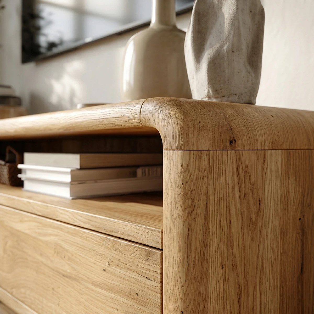 Minimalist TV stand with storage drawers and open shelf in a sunlit living room space