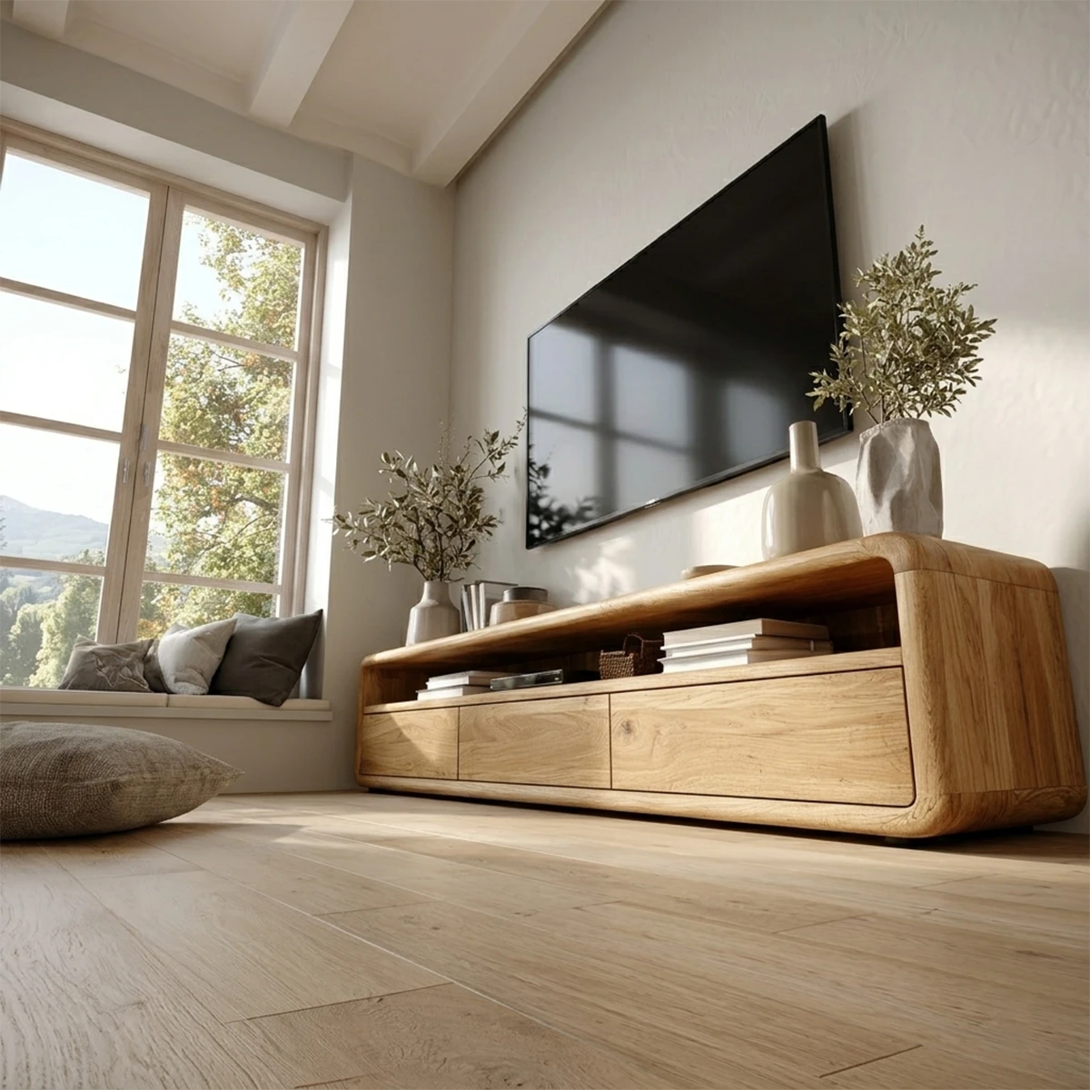 Contemporary TV console with sleek design and natural wood texture for modern homes