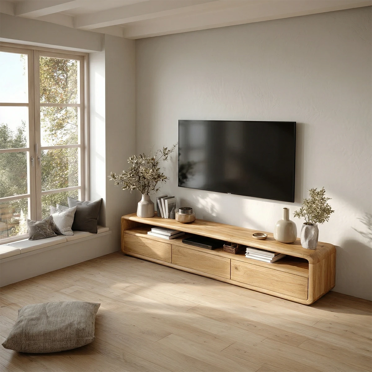 Wooden look media cabinet with low profile design and functional storage compartments