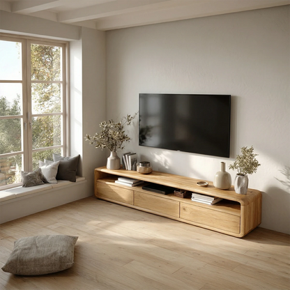 Wooden look media cabinet with low profile design and functional storage compartments