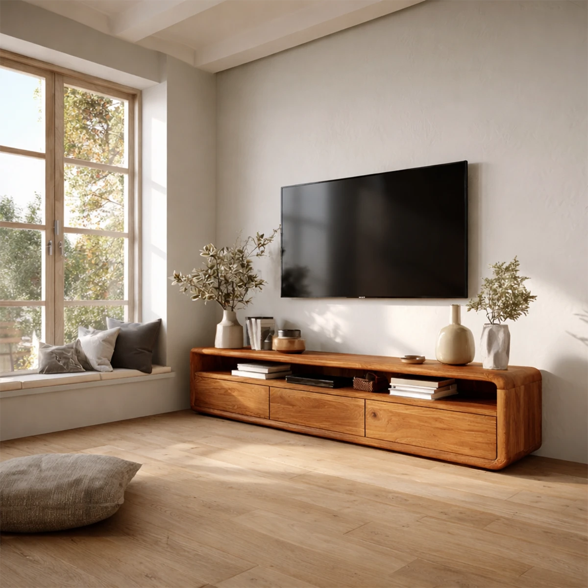Modern entertainment unit with open shelf and natural wood finish for cozy interiors
