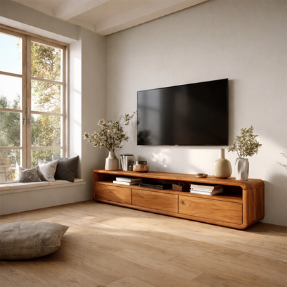 Modern entertainment unit with open shelf and natural wood finish for cozy interiors
