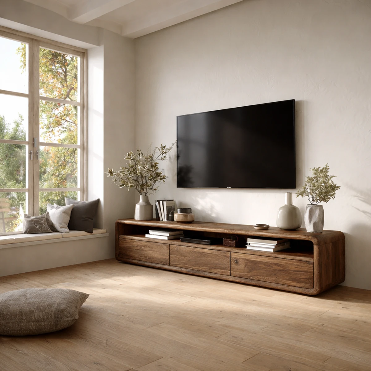 Stylish TV stand with minimalist form and natural wood appearance in bright living room