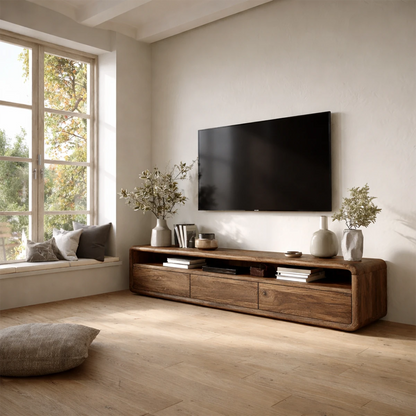 Stylish TV stand with minimalist form and natural wood appearance in bright living room