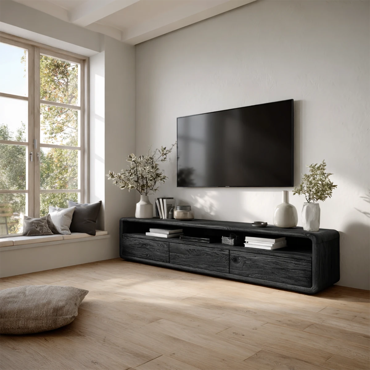Functional media console with drawers and open storage for modern living space setup