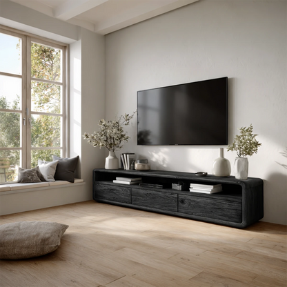Functional media console with drawers and open storage for modern living space setup