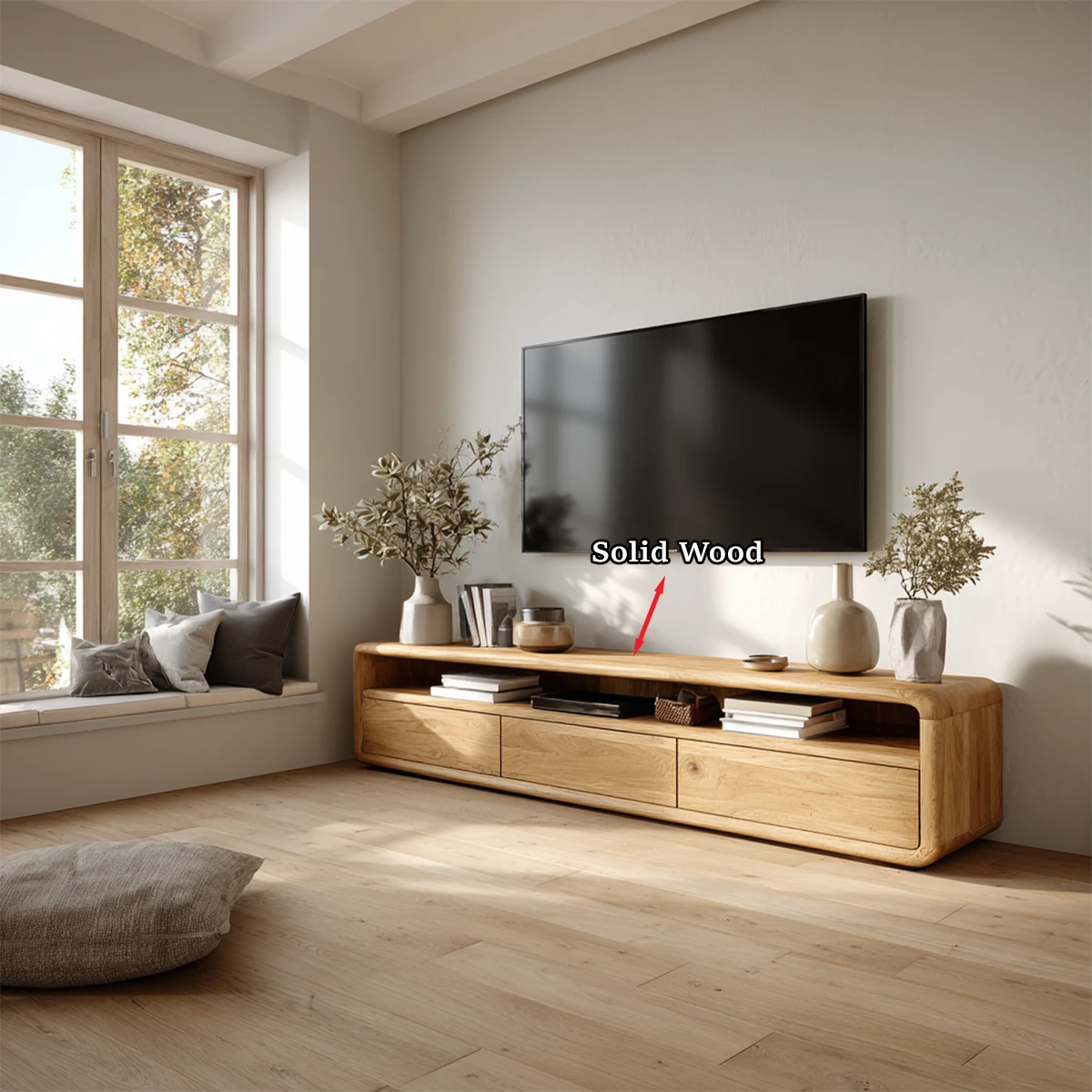 Low profile TV cabinet with clean design and natural wood look for minimalist interiors