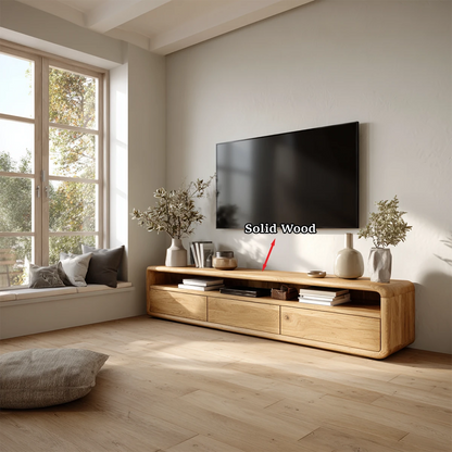 Low profile TV cabinet with clean design and natural wood look for minimalist interiors