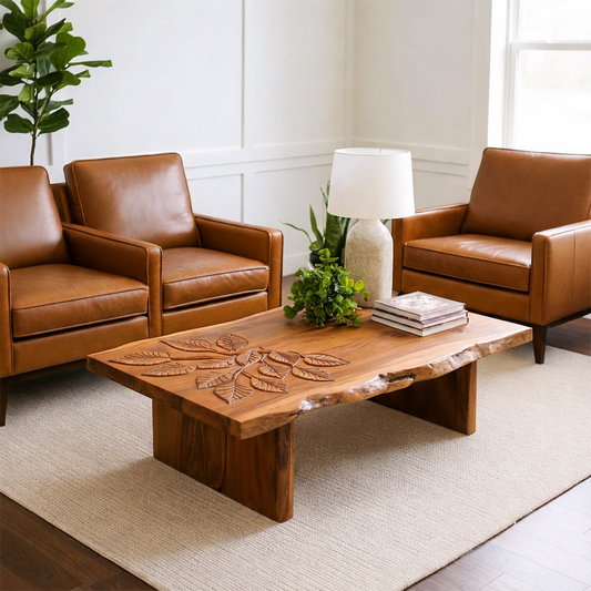 Matte brown coffee table with curved sculptural base and smooth surface in a modern living space