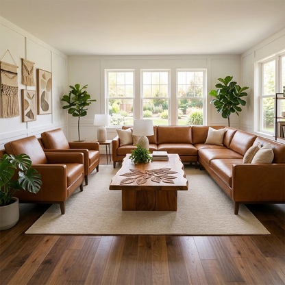 Coffee table in matte brown finish with flowing base design and rounded edges in a bright interior