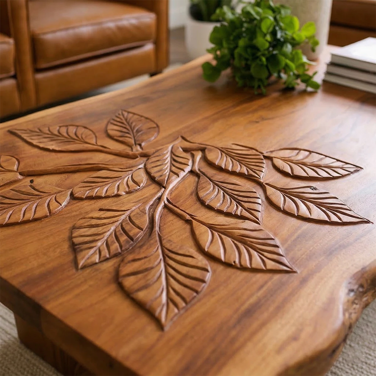 Modern coffee table with matte brown finish and organic base shape in a calm living room setting