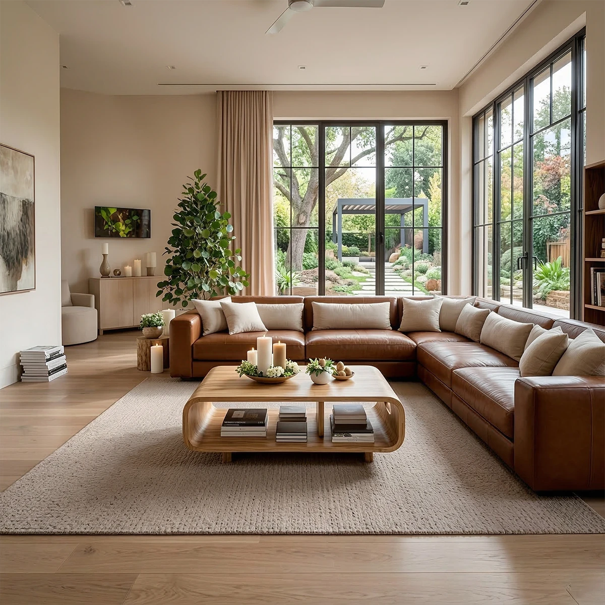 Coffee table in oak color finish with flowing base design and rounded edges in a bright interior setting
