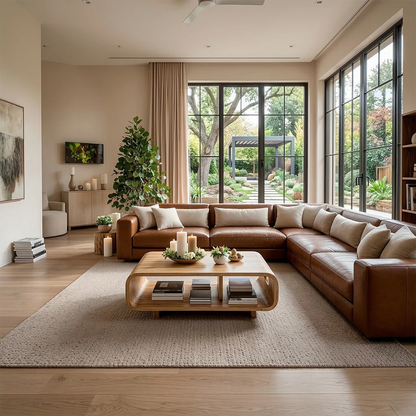 Coffee table in oak color finish with flowing base design and rounded edges in a bright interior setting