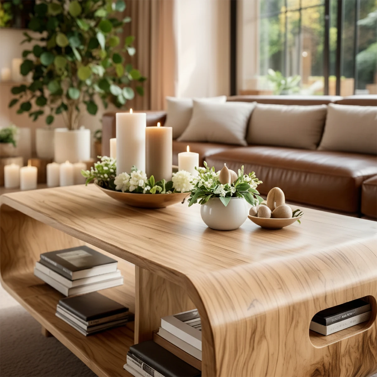Modern coffee table with oak finish and organic base shape in a clean and calm living room environment
