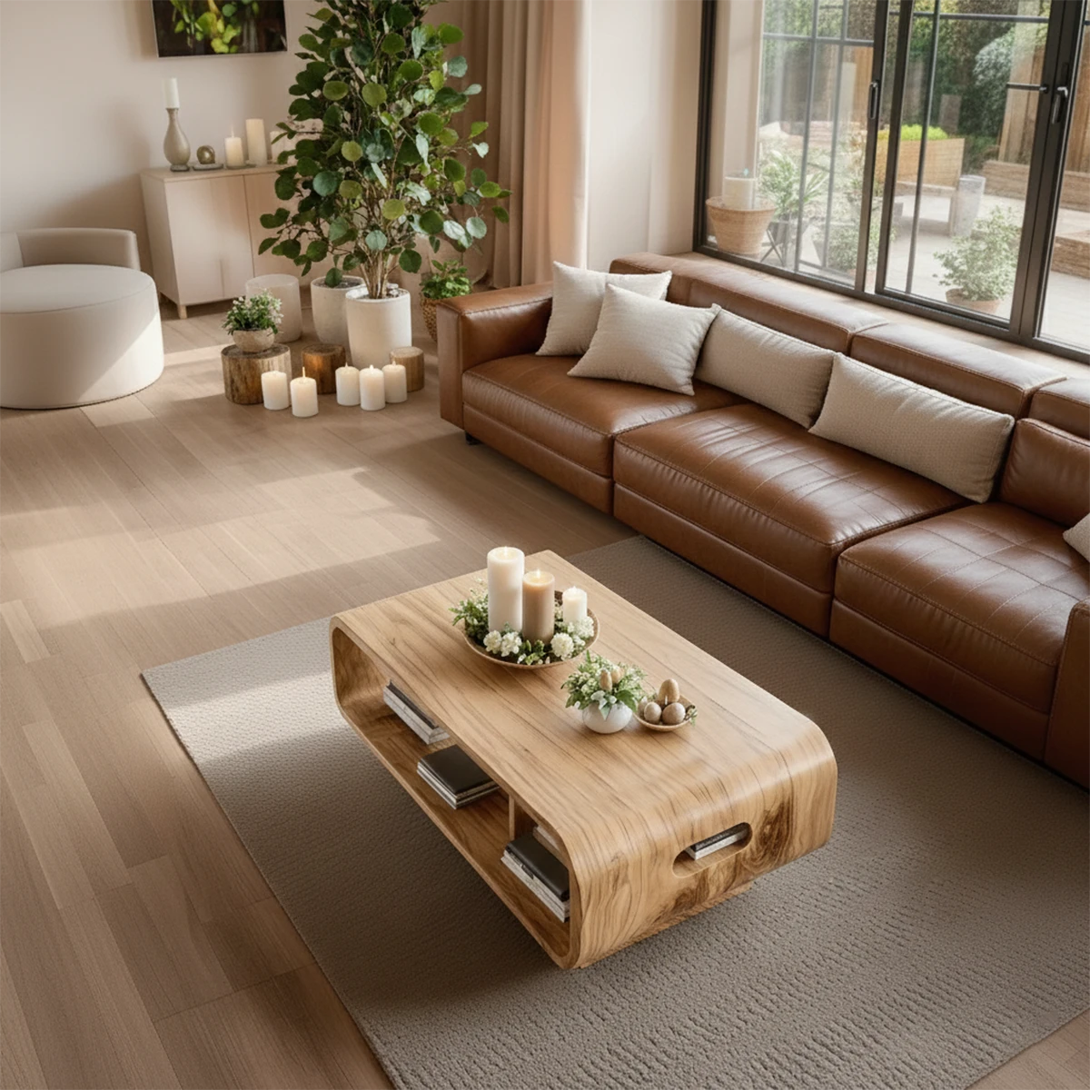 Oak color coffee table with sculptural curved base and seamless top in a soft neutral home interior