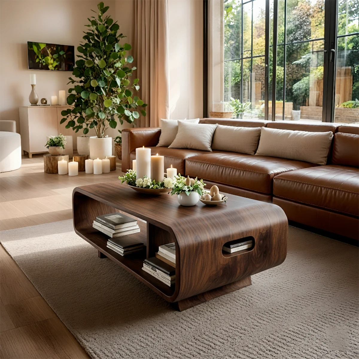 Contemporary coffee table in walnut finish with curved base form and light tone in a refined interior setting