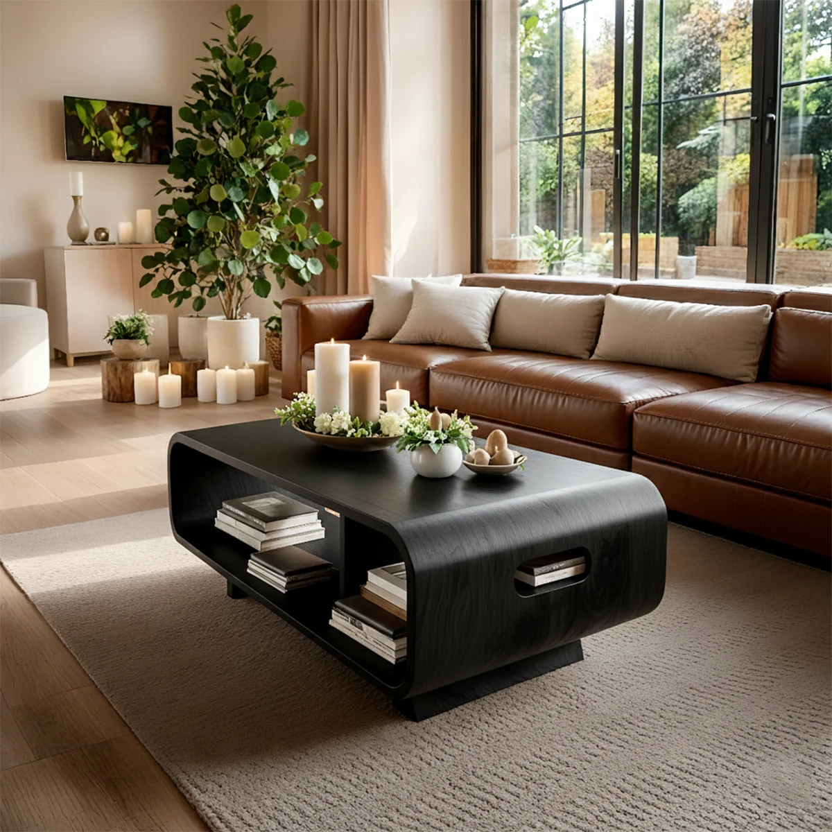 Black finish coffee table with organic silhouette and smooth surface in a minimalist styled living room