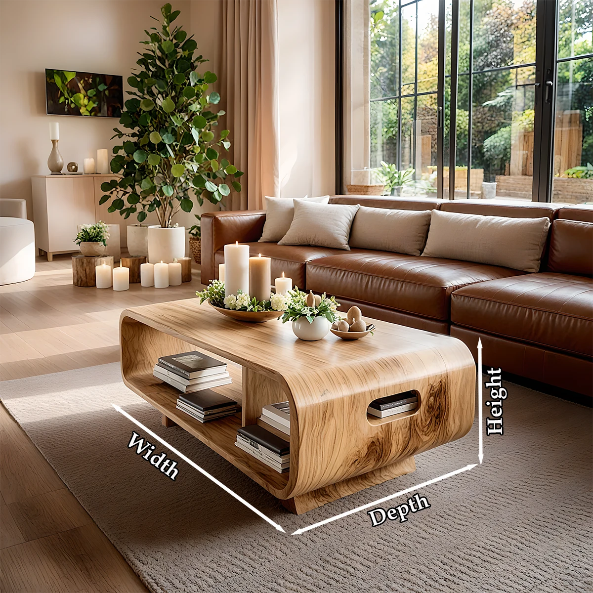 Oak finish coffee table with flowing base shape and rounded top in a clean contemporary environment
