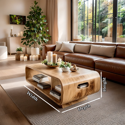 Oak finish coffee table with flowing base shape and rounded top in a clean contemporary environment