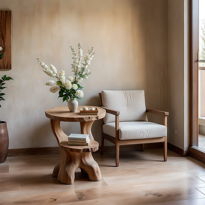 Oak tone end table with sculptural curved base and open shelf for a modern living room setting