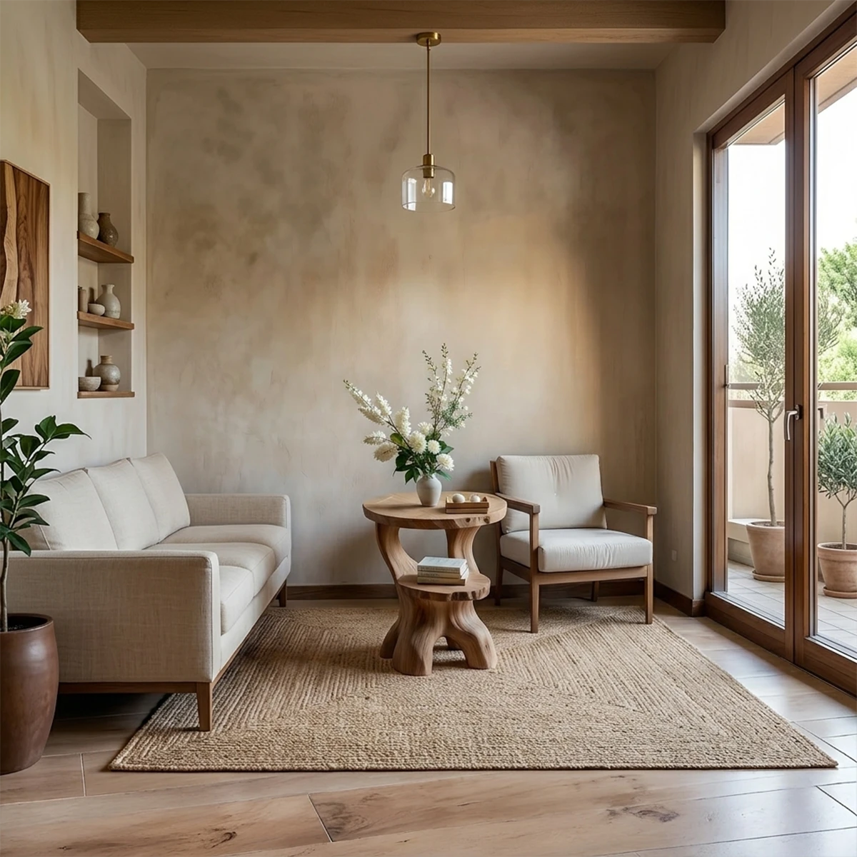 A compact side table in oak color finish featuring smooth curves and minimalist open storage