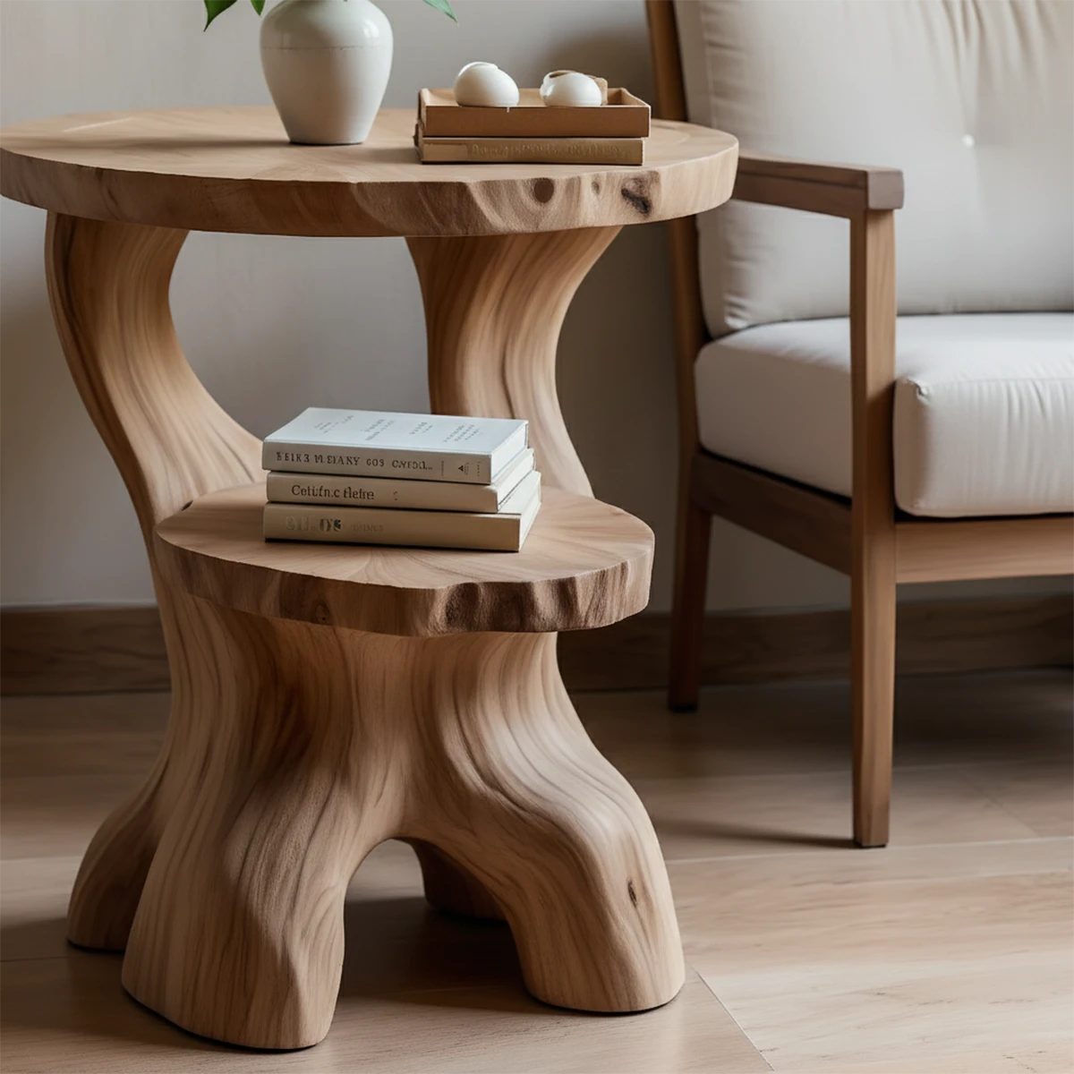 Designed with an oak color finish, the end table offers clean lines and a soft organic shape