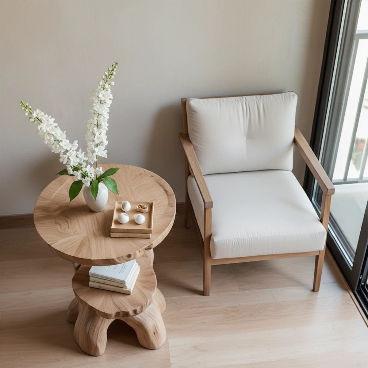 Featuring an oak tone side table with curved structure and practical shelf for decor display