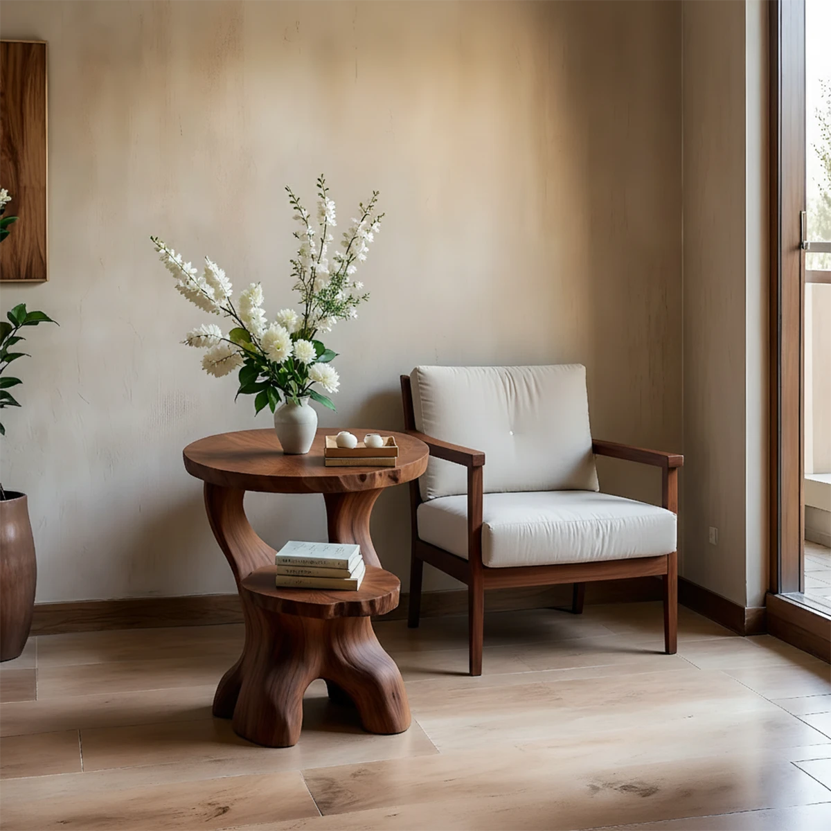 In a bright interior, the walnut color end table highlights a smooth surface and refined design