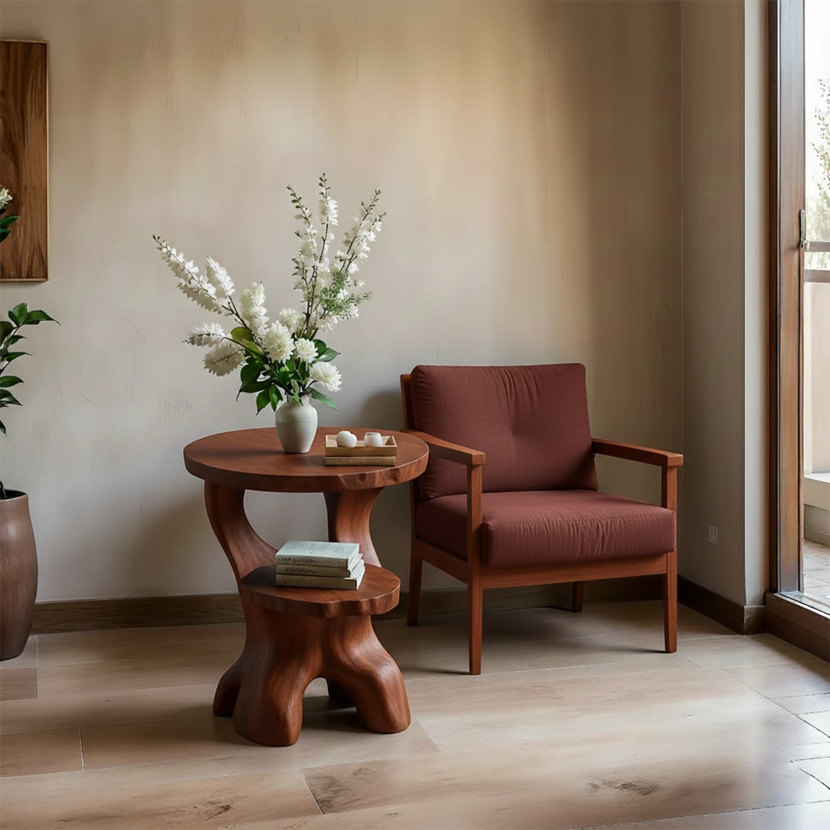 A small end table in brown tone finish with sculptural base and compact form for tight spaces